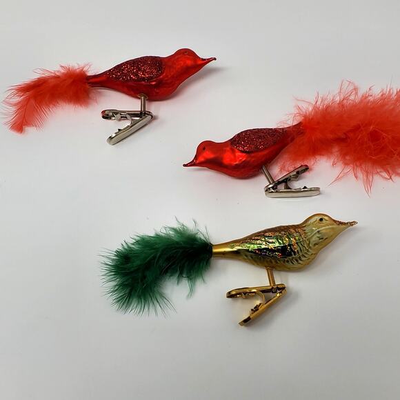 Vintage Red Bird Glass Christmas Tree Clip On Ornaments w/Real Feather Tail X3 - Picture 1 of 6